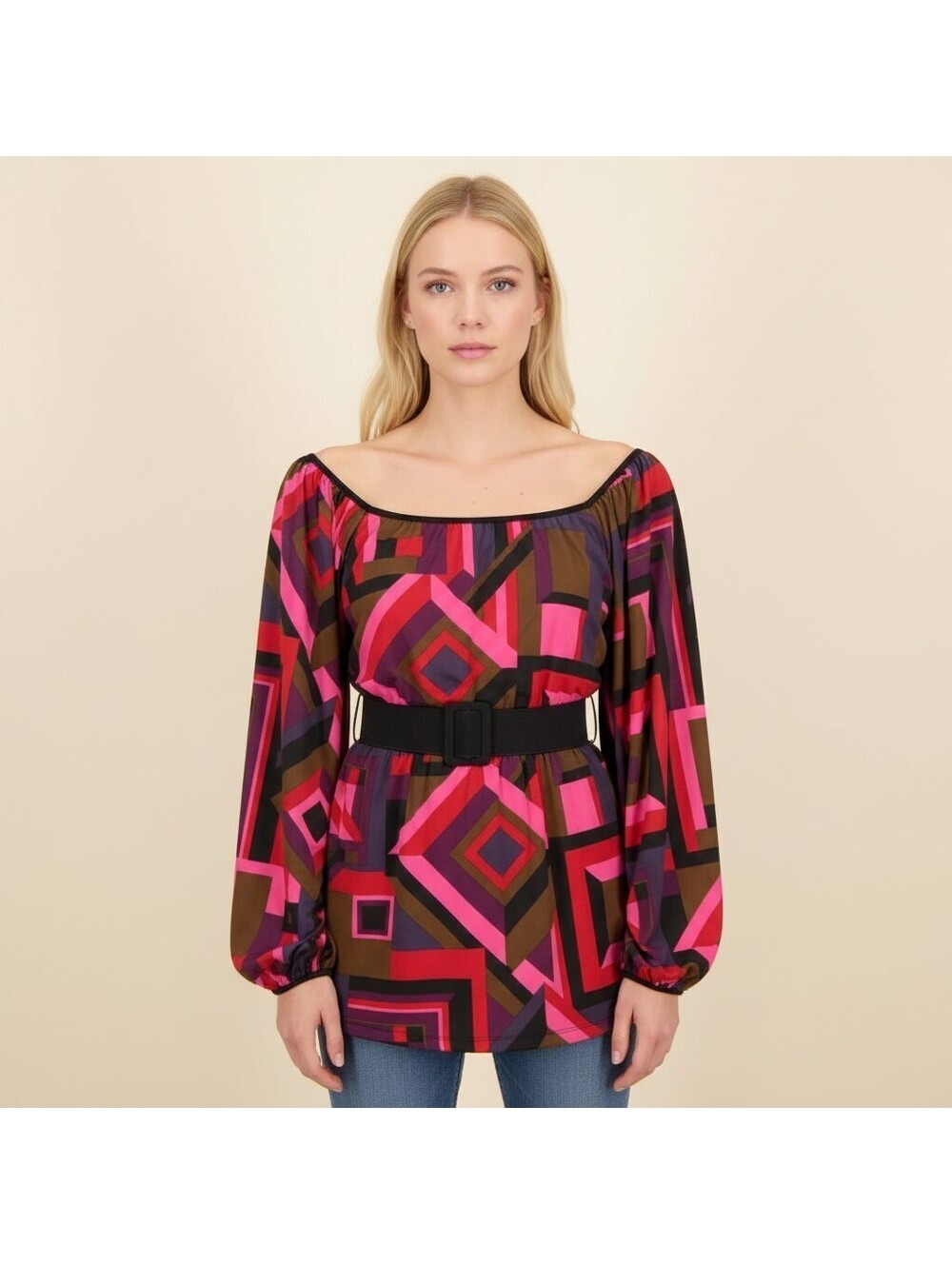 INC International Concepts Blouse Women L Large Pink Geometric Long Sleeve